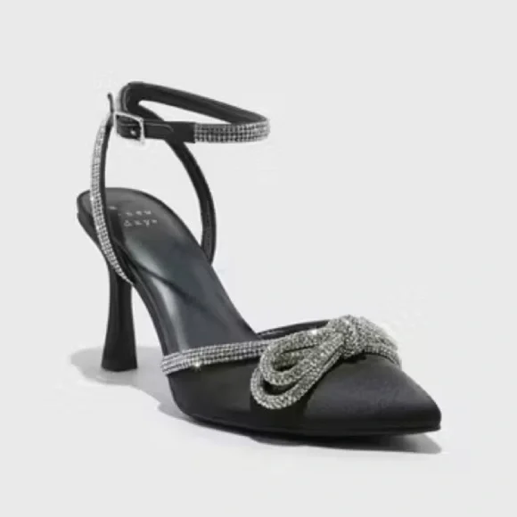 A New Day Black and Silver Slingback Heels with Rhinestone Bow - Picture 1 of 6